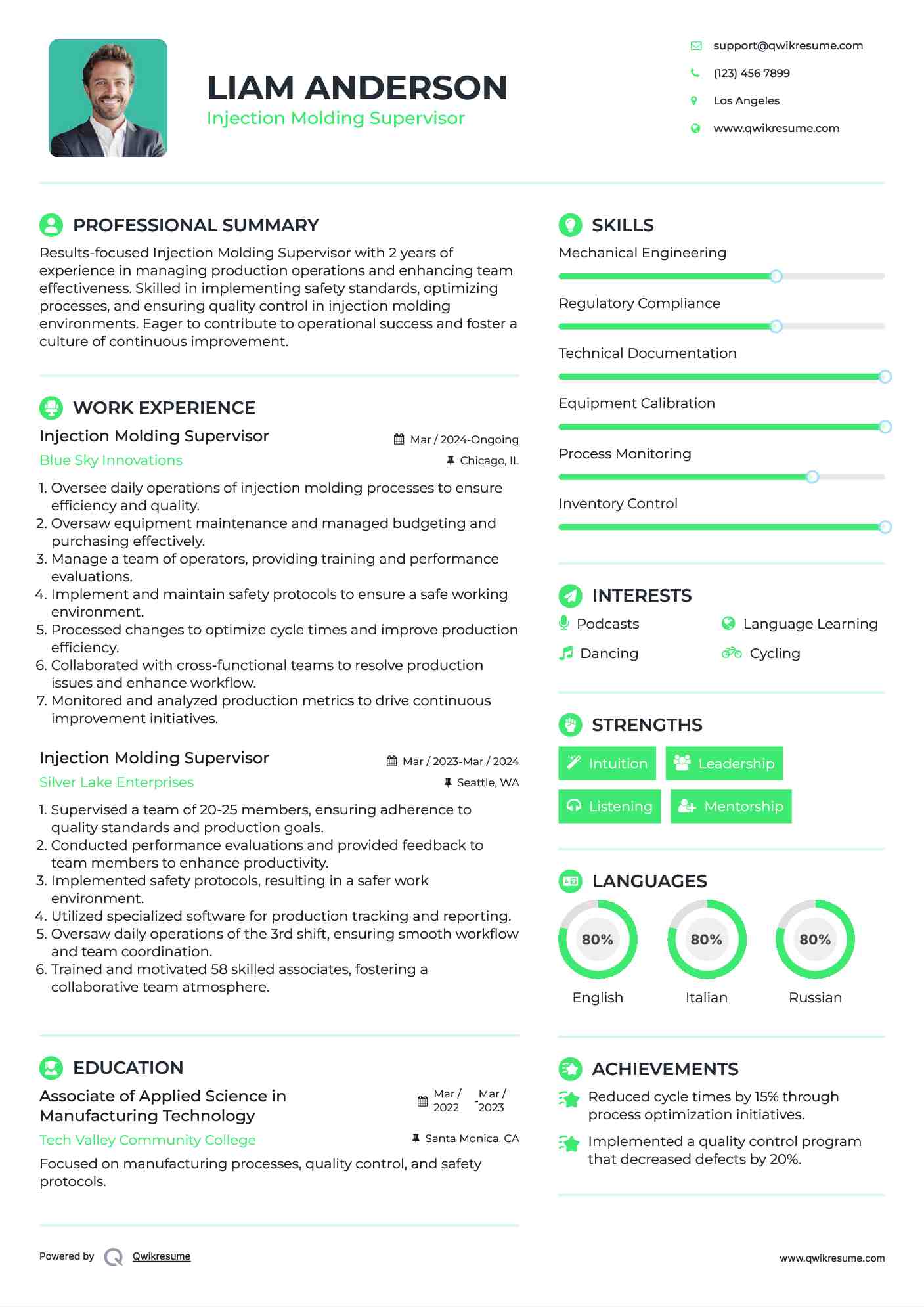 Injection Molding Supervisor Resume Samples QwikResume
