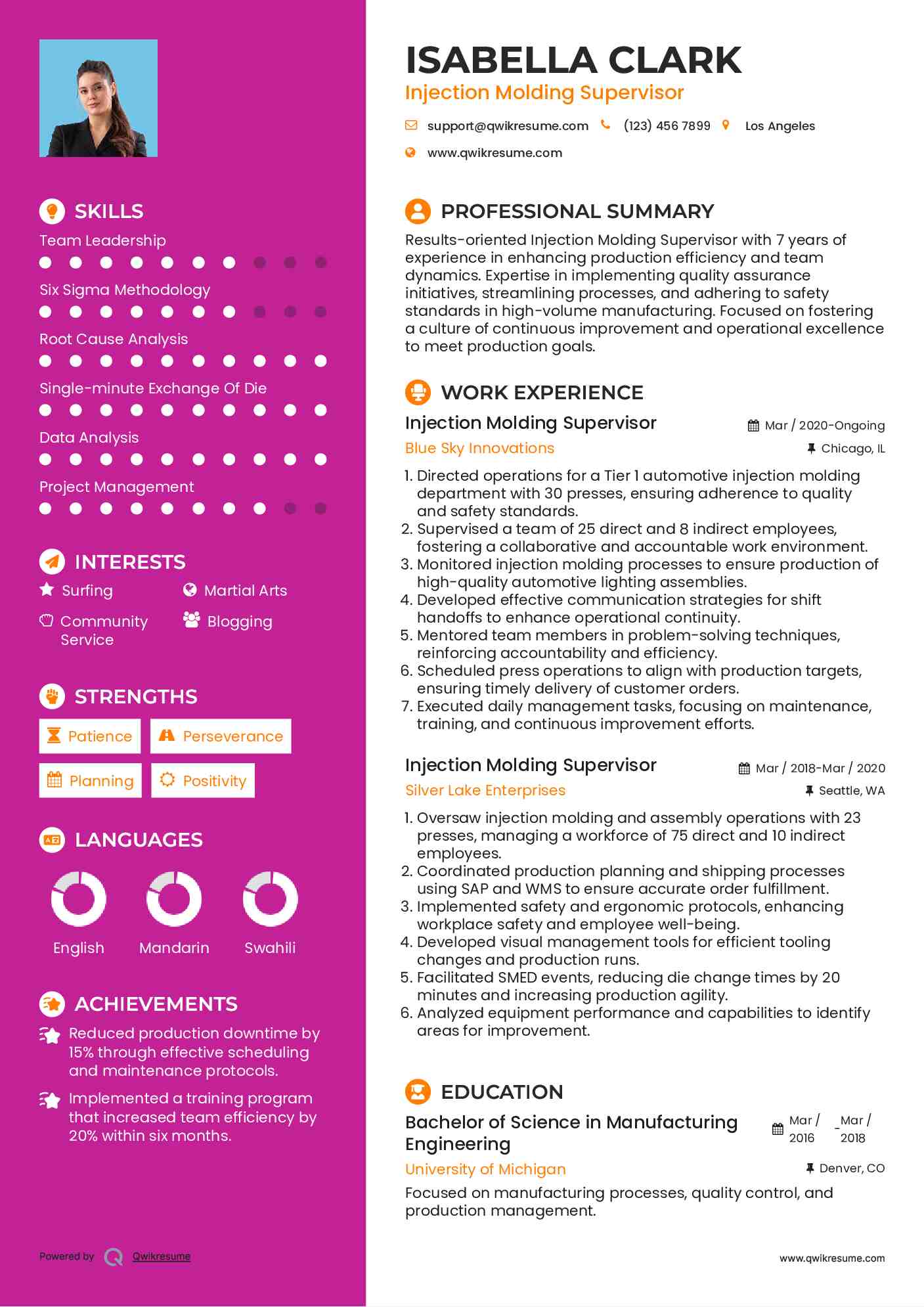 Injection Molding Supervisor Resume Model