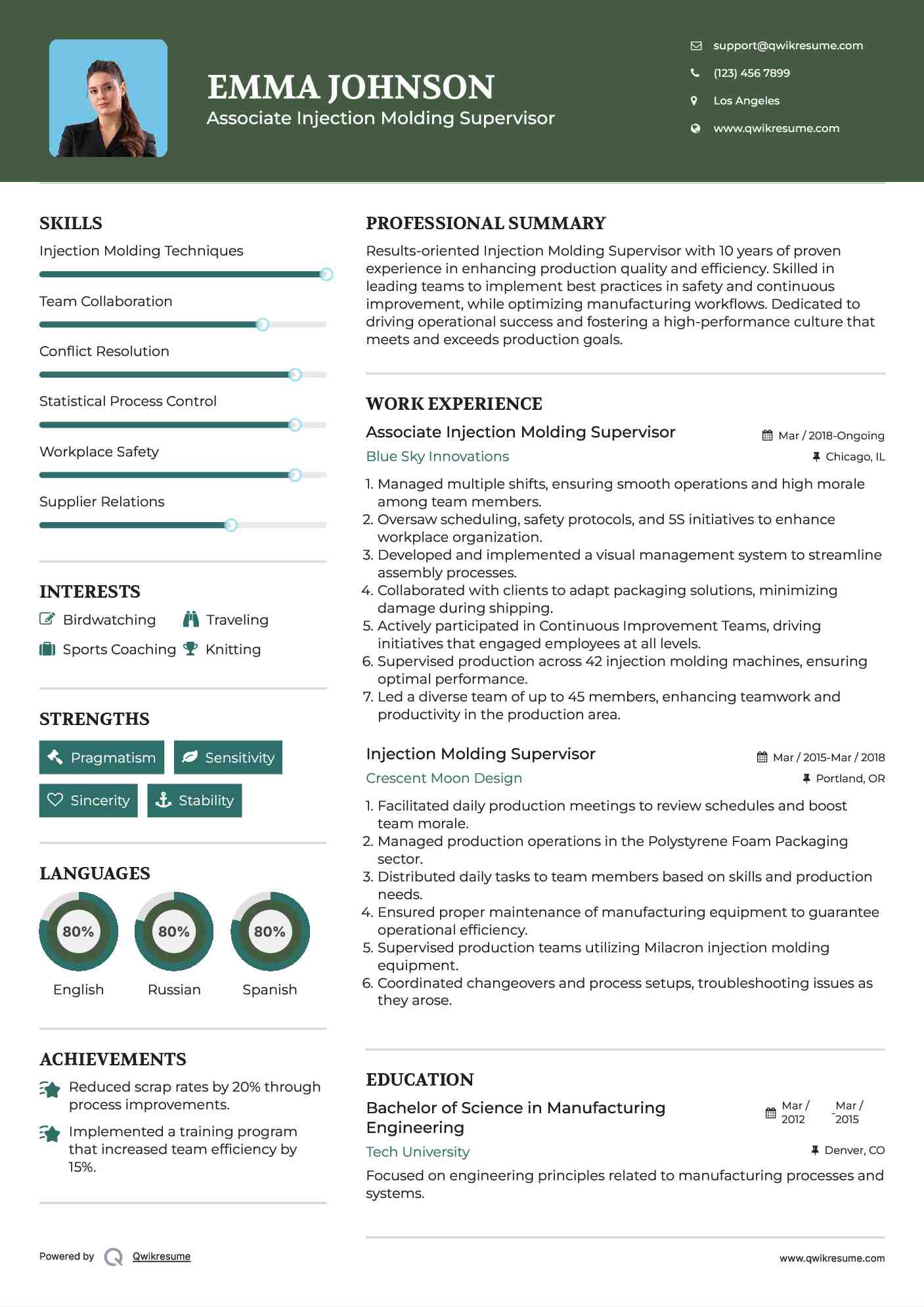 Associate Injection Molding Supervisor Resume Example