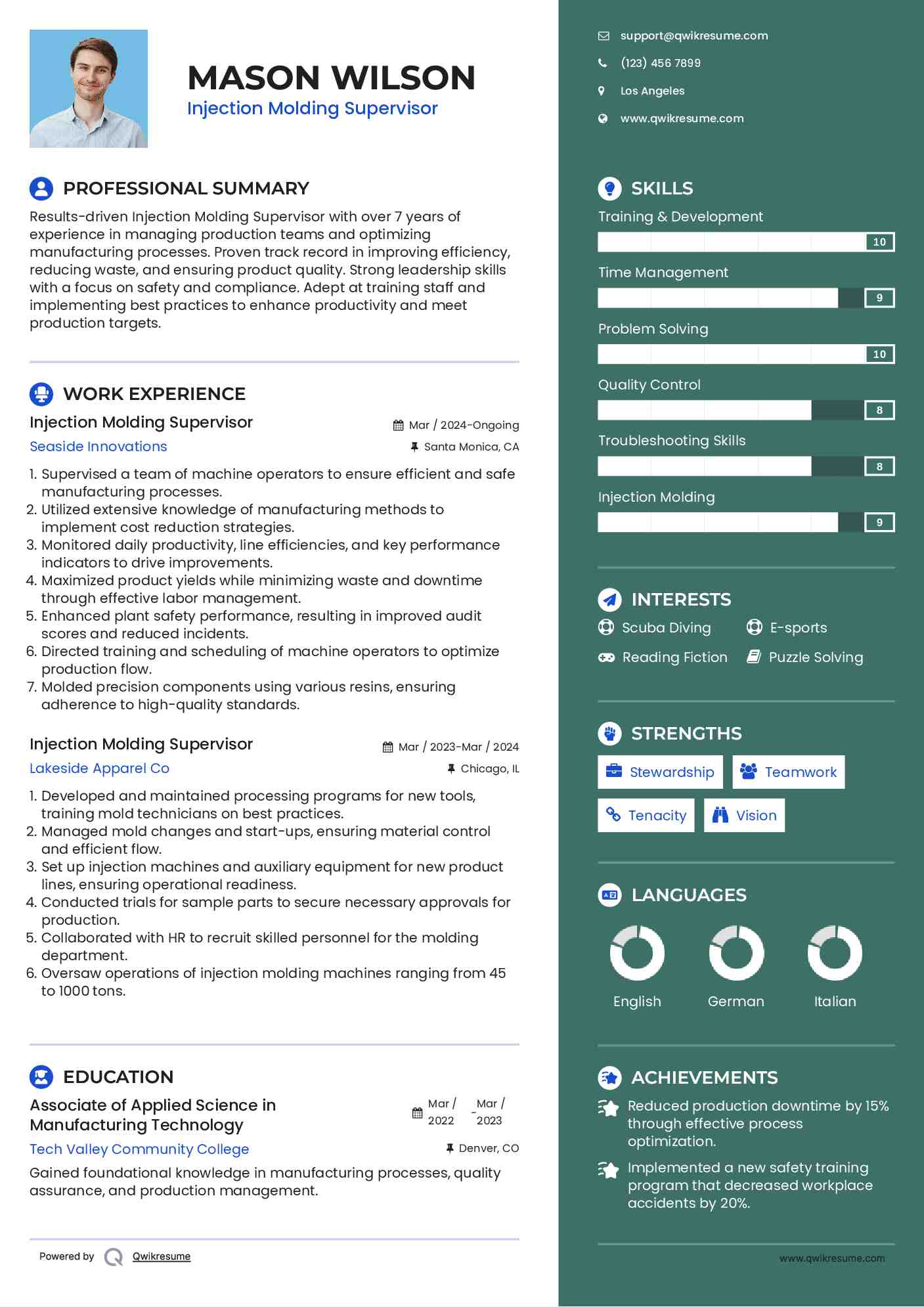 Injection Molding Supervisor Resume Example
