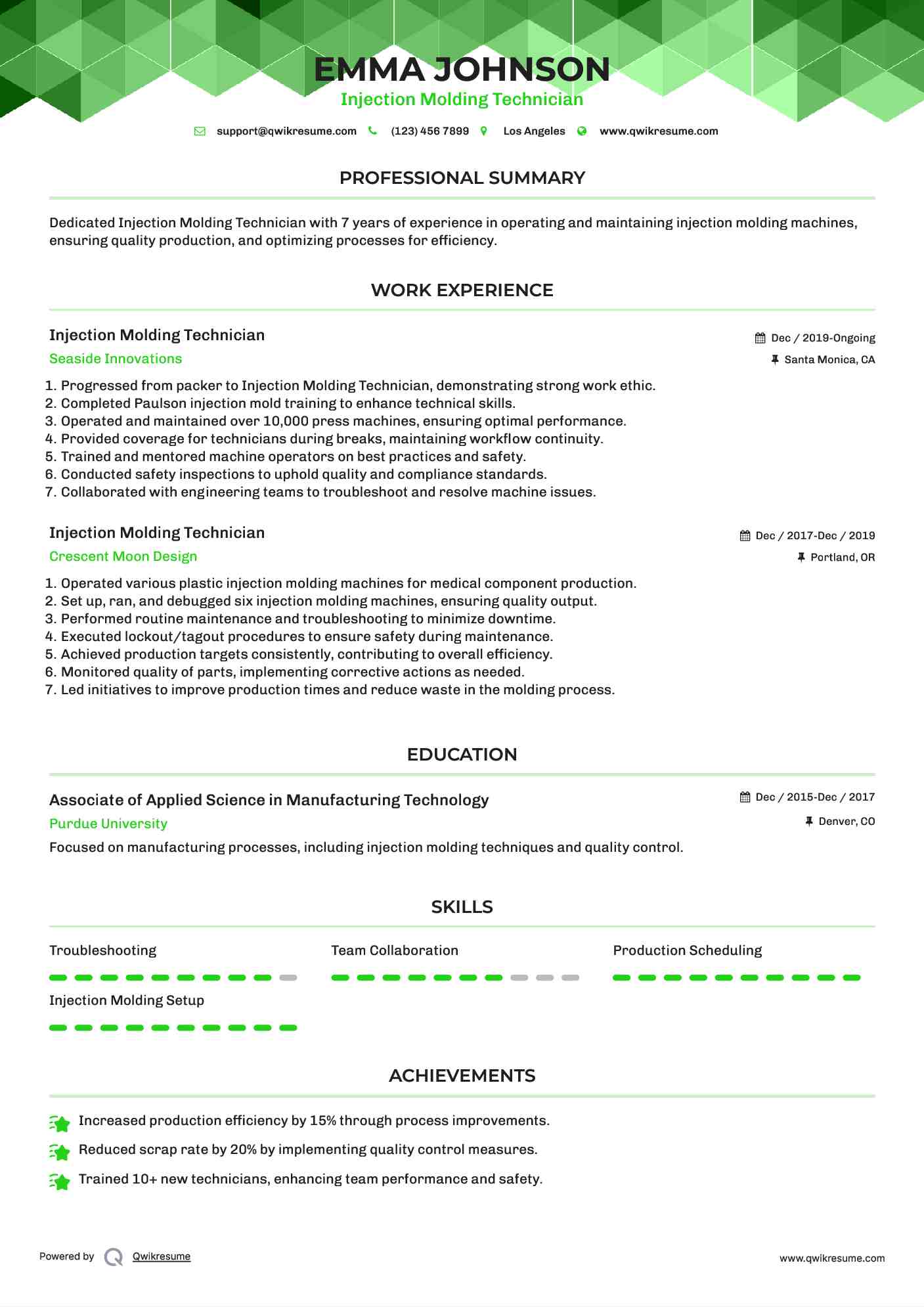 Injection Molding Technician Resume Example