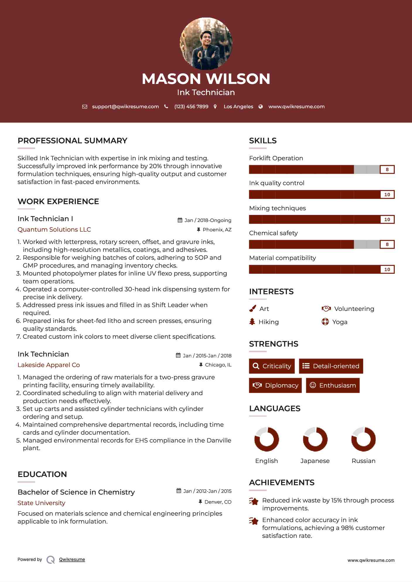 Ink Technician I Resume Template