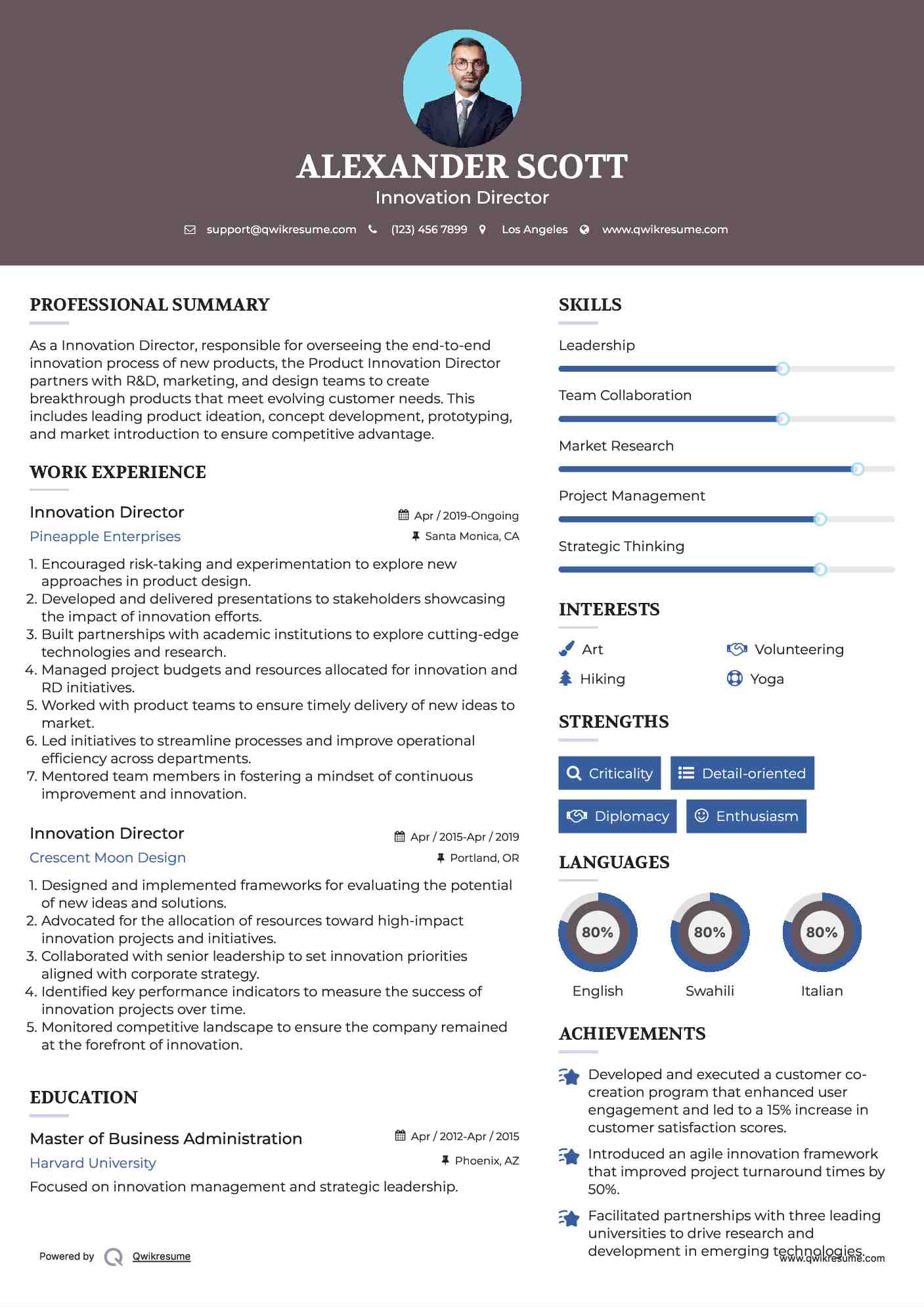 Innovation Director Resume Example