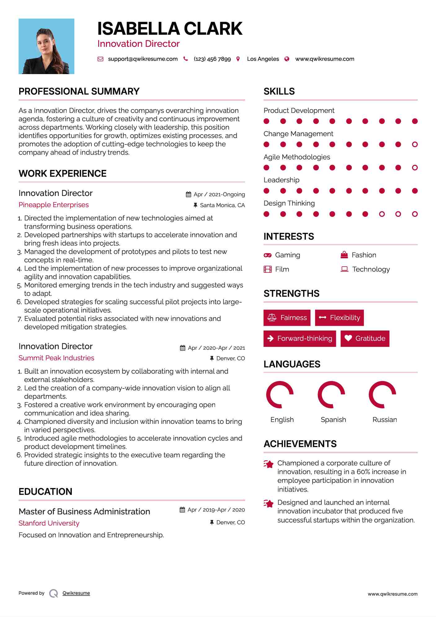 Innovation Director Resume Model
