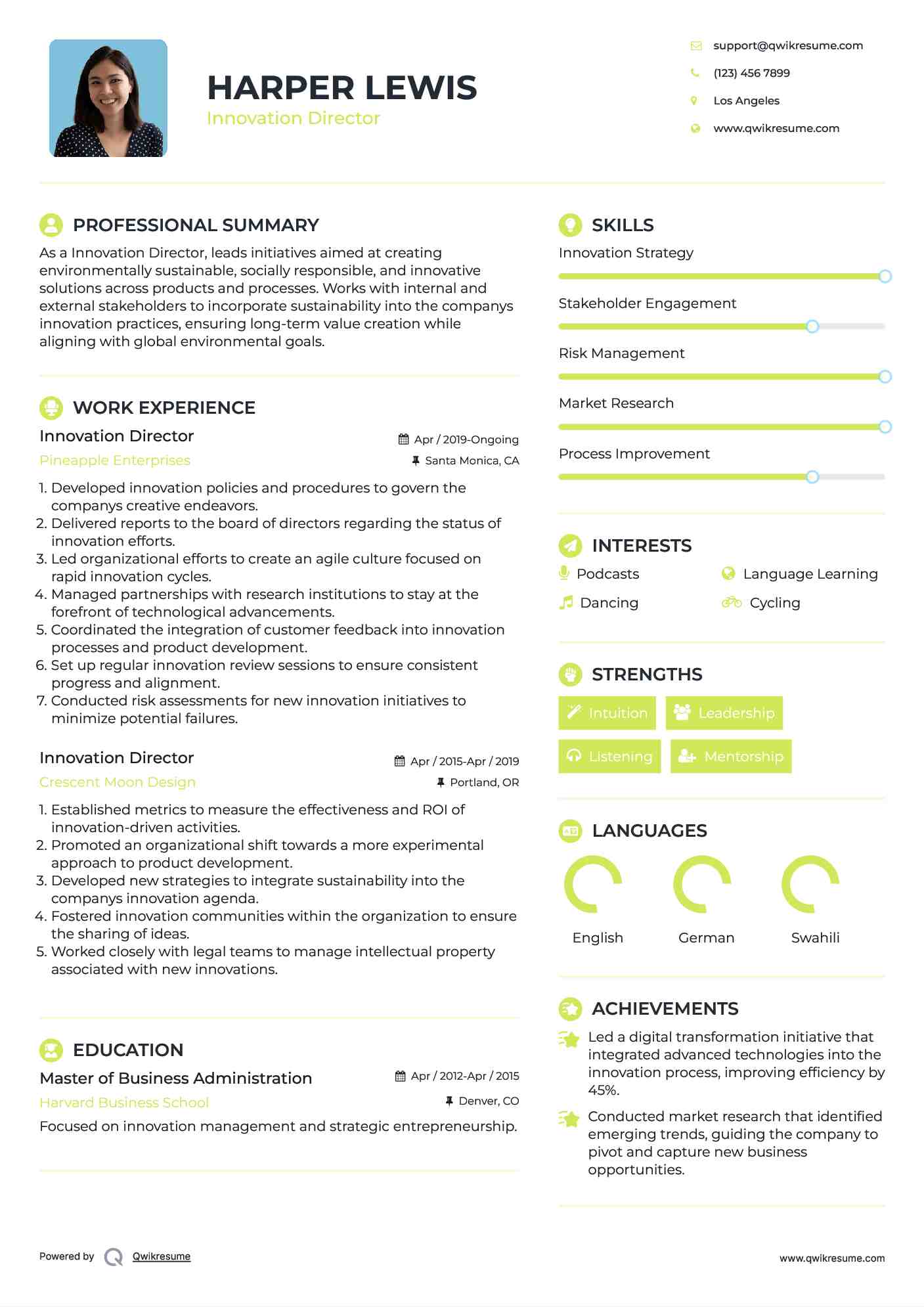 Innovation Director Resume Model