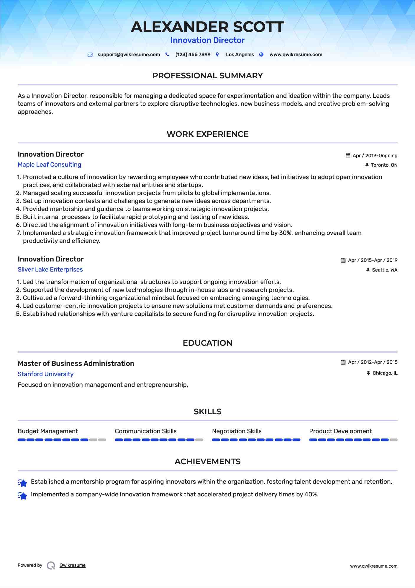 Innovation Director Resume Example
