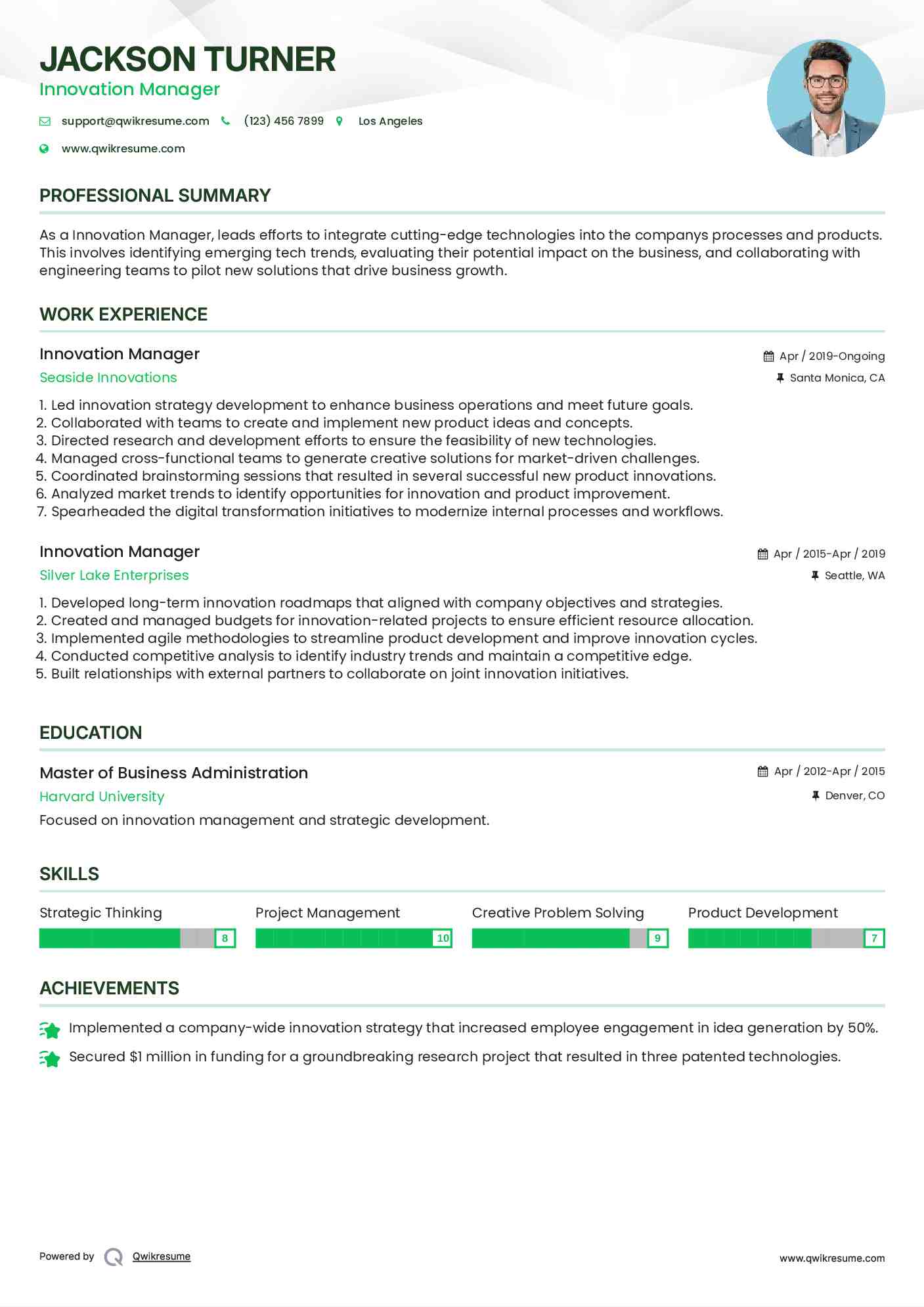 Innovation Manager Resume Sample