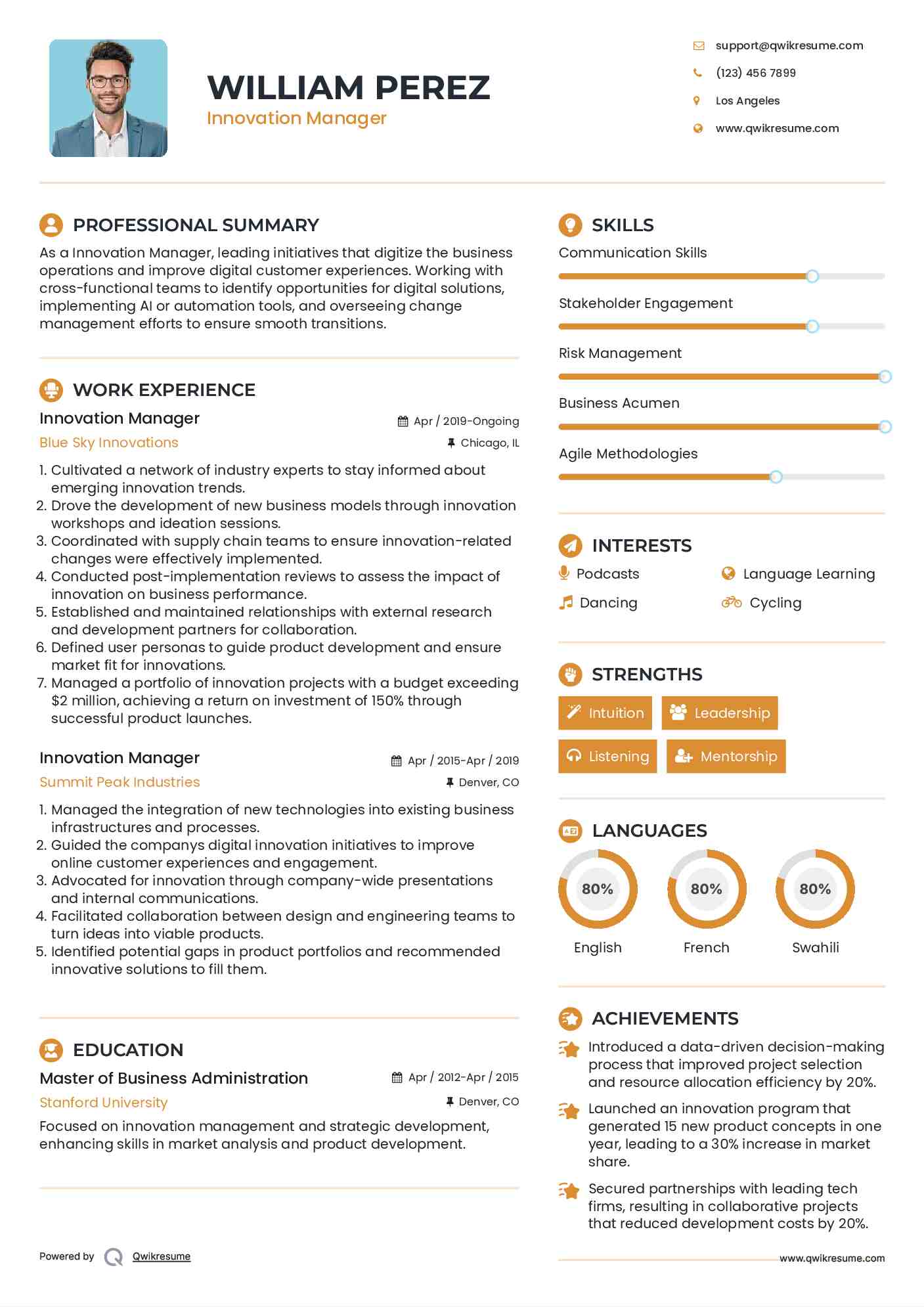Innovation Manager Resume Example