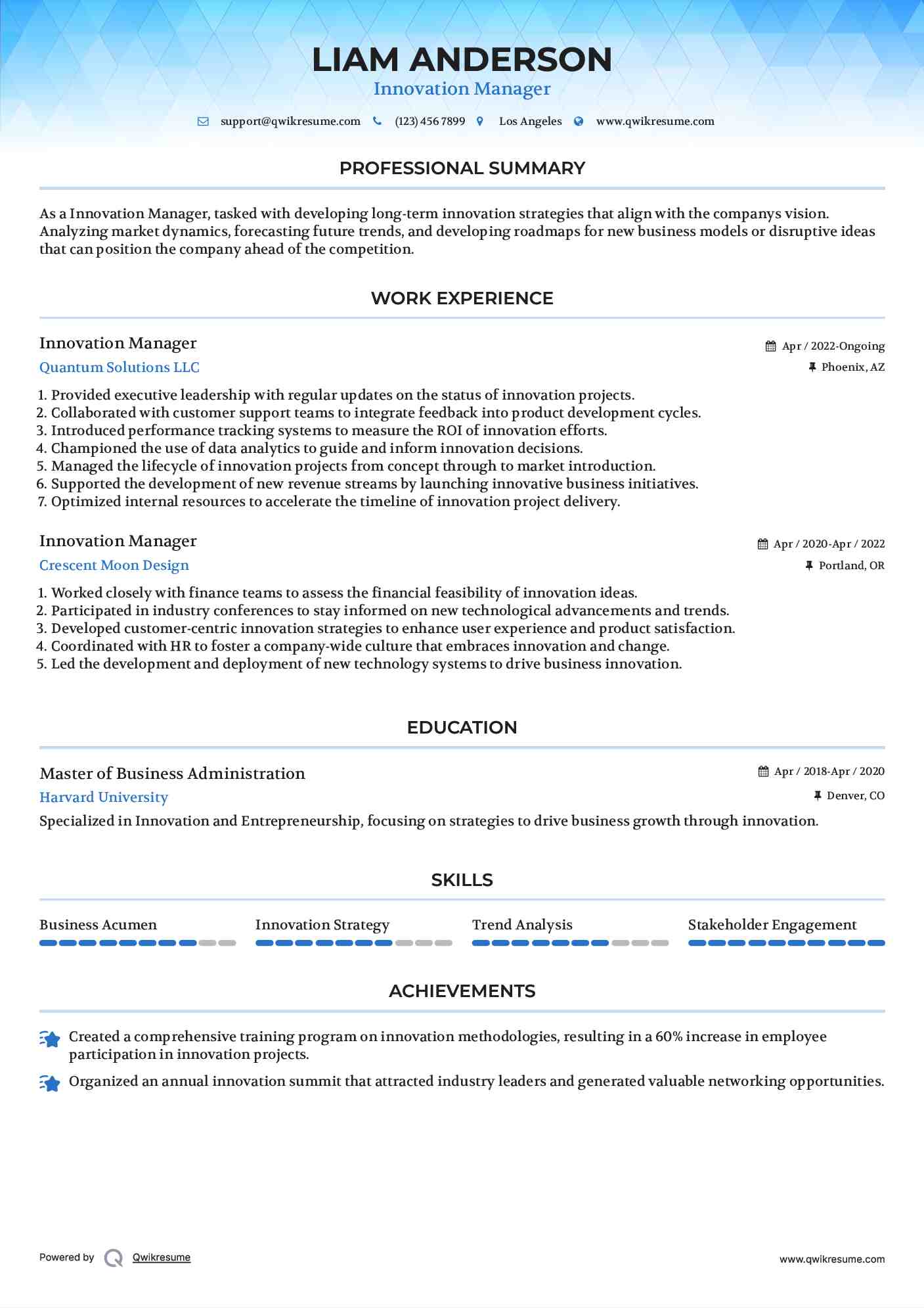Innovation Manager Resume Format