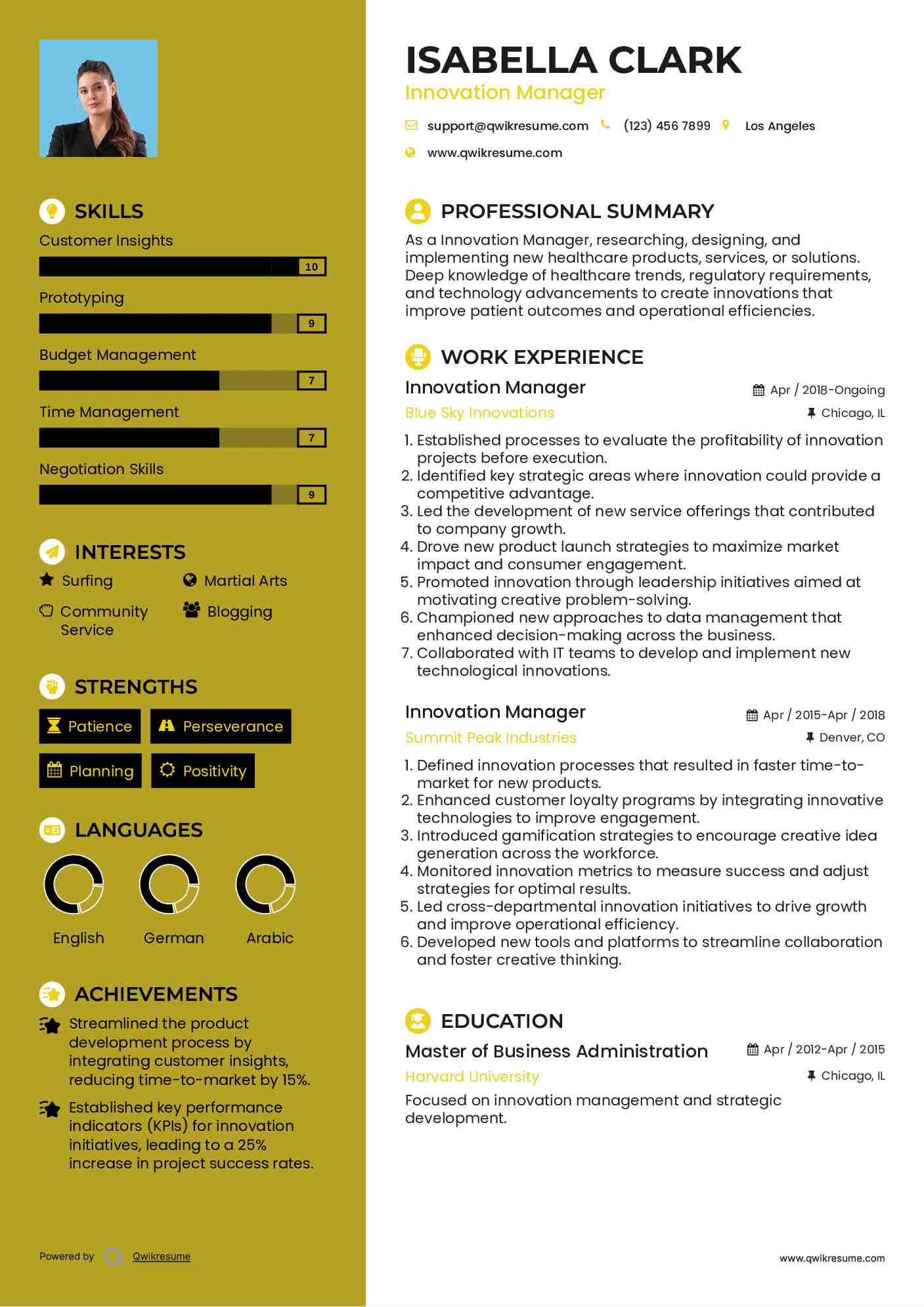 Innovation Manager Resume Sample