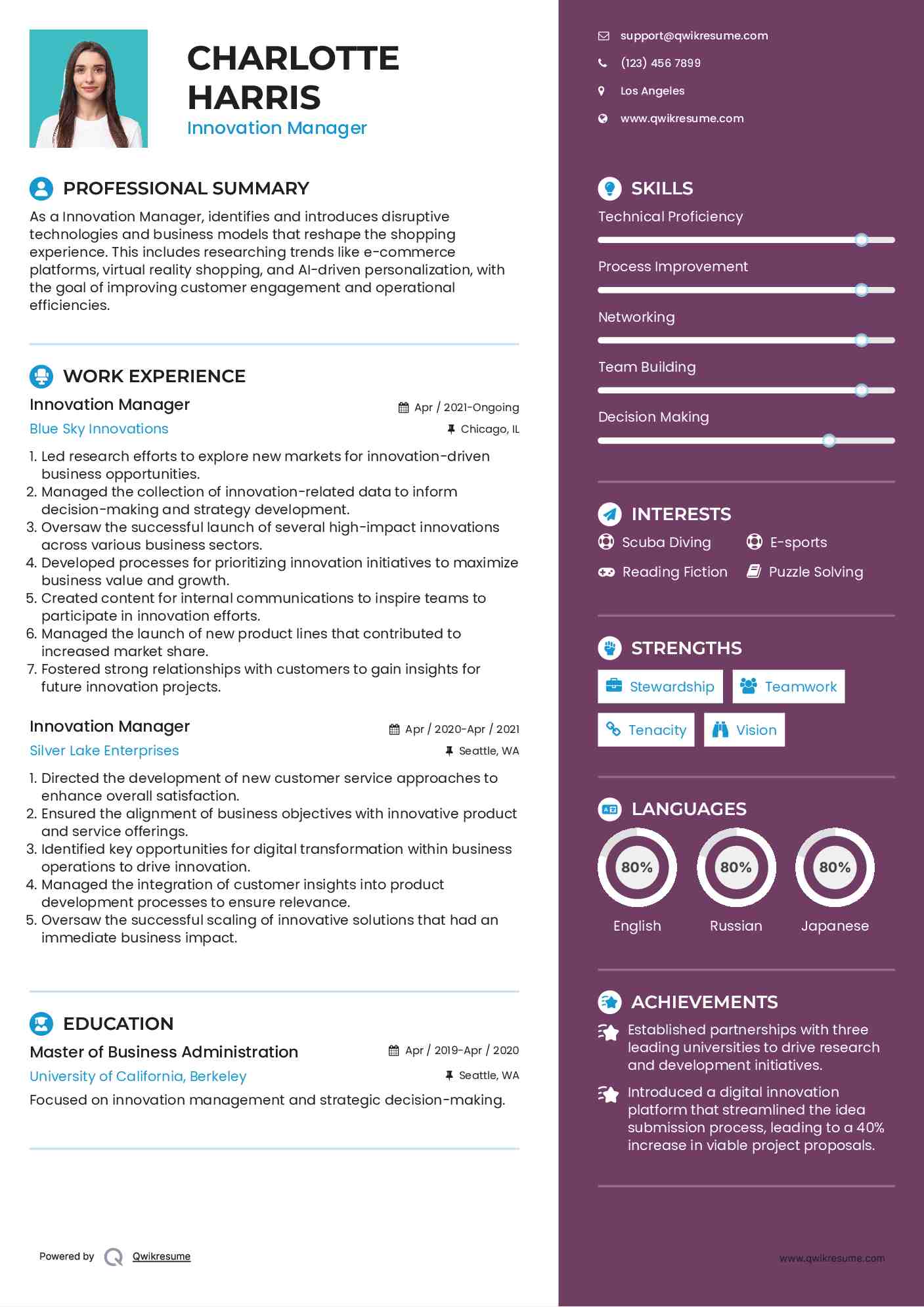 Innovation Manager Resume Sample