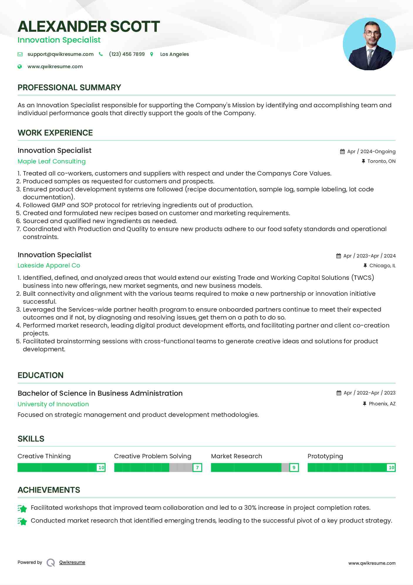 Innovation Specialist Resume Sample