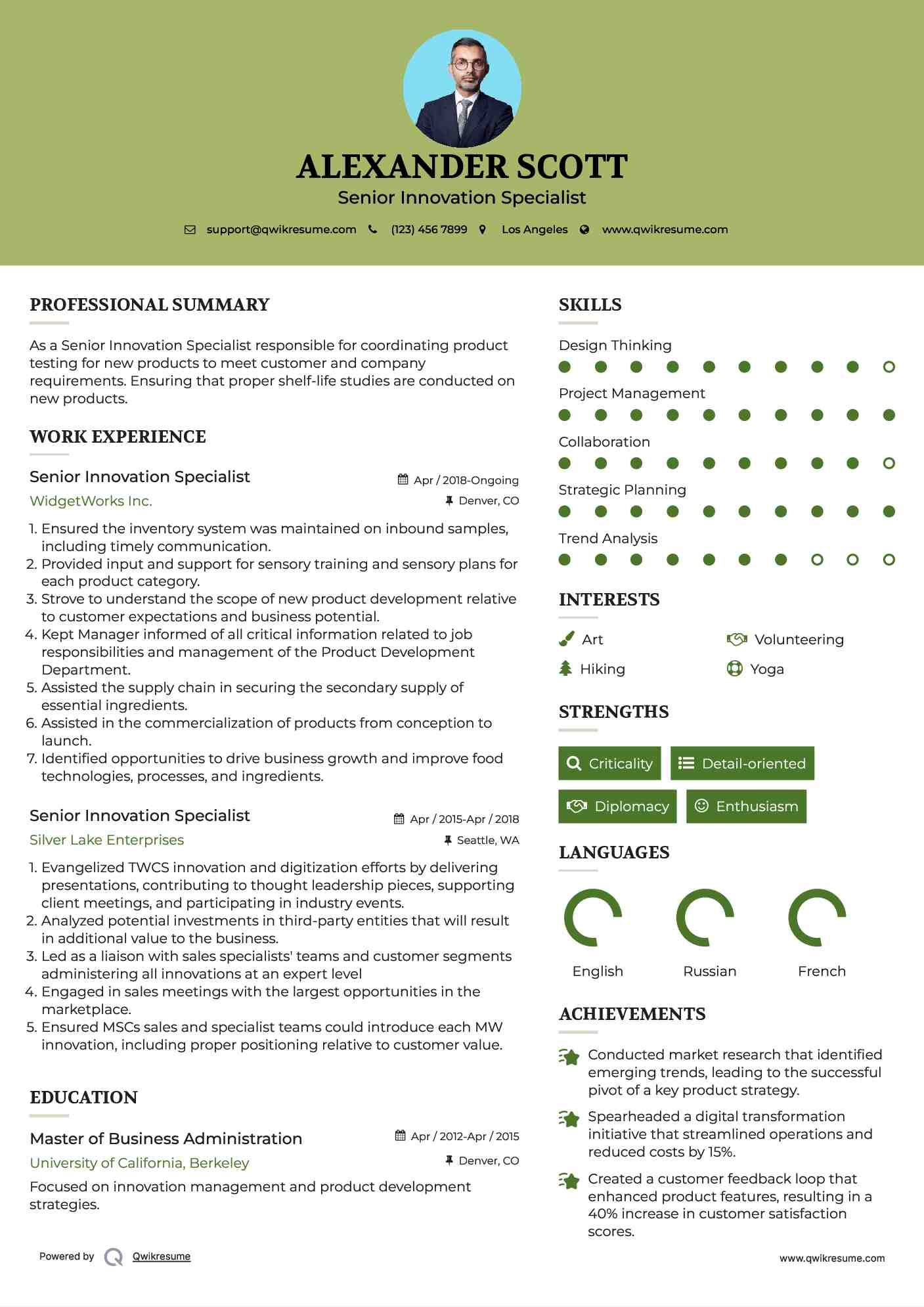 Senior Innovation Specialist Resume Format
