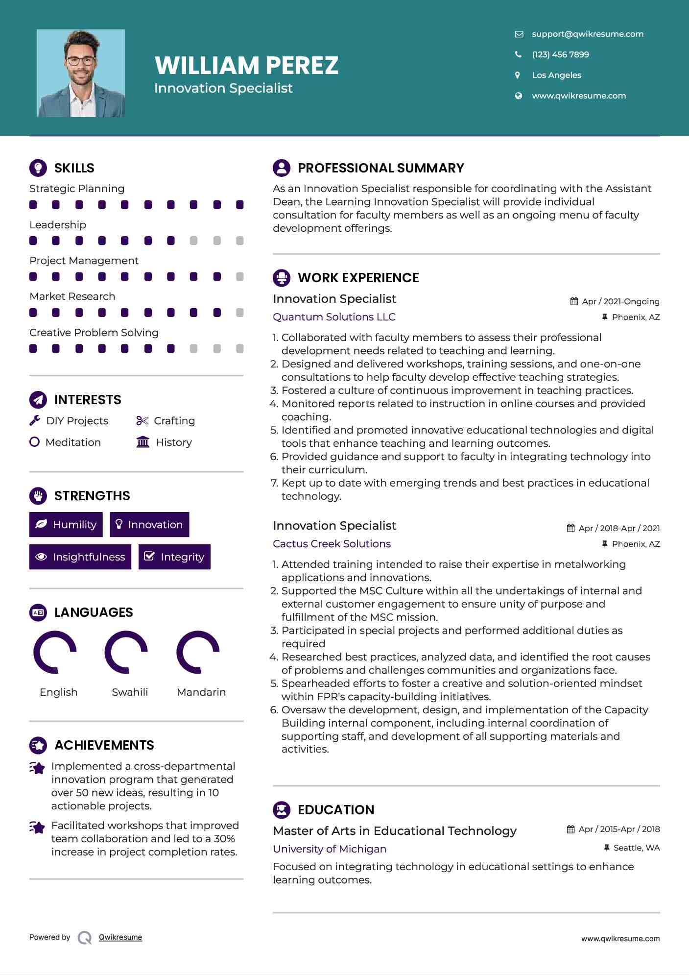 Innovation Specialist Resume Example