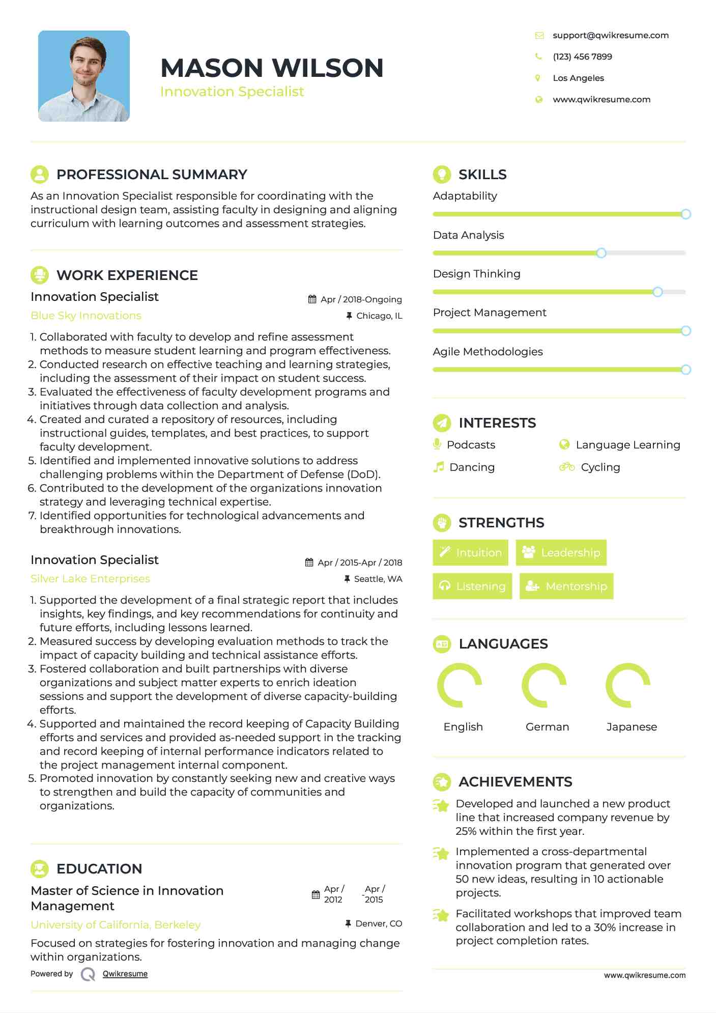 Innovation Specialist Resume Model