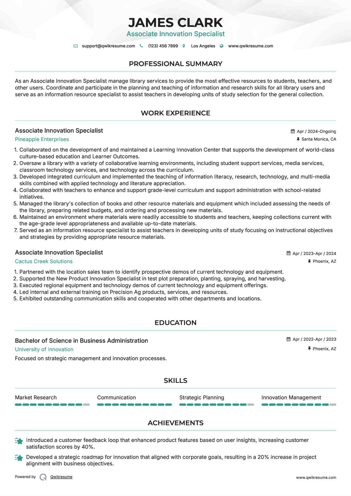 Associate Innovation Specialist Resume Format