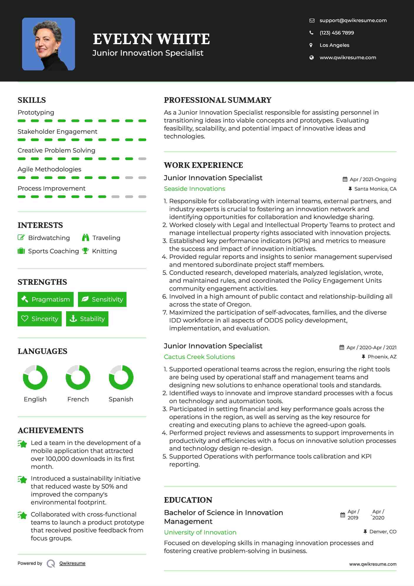 Junior Innovation Specialist  Resume Format