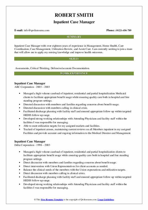 Inpatient Case Manager Resume Samples QwikResume