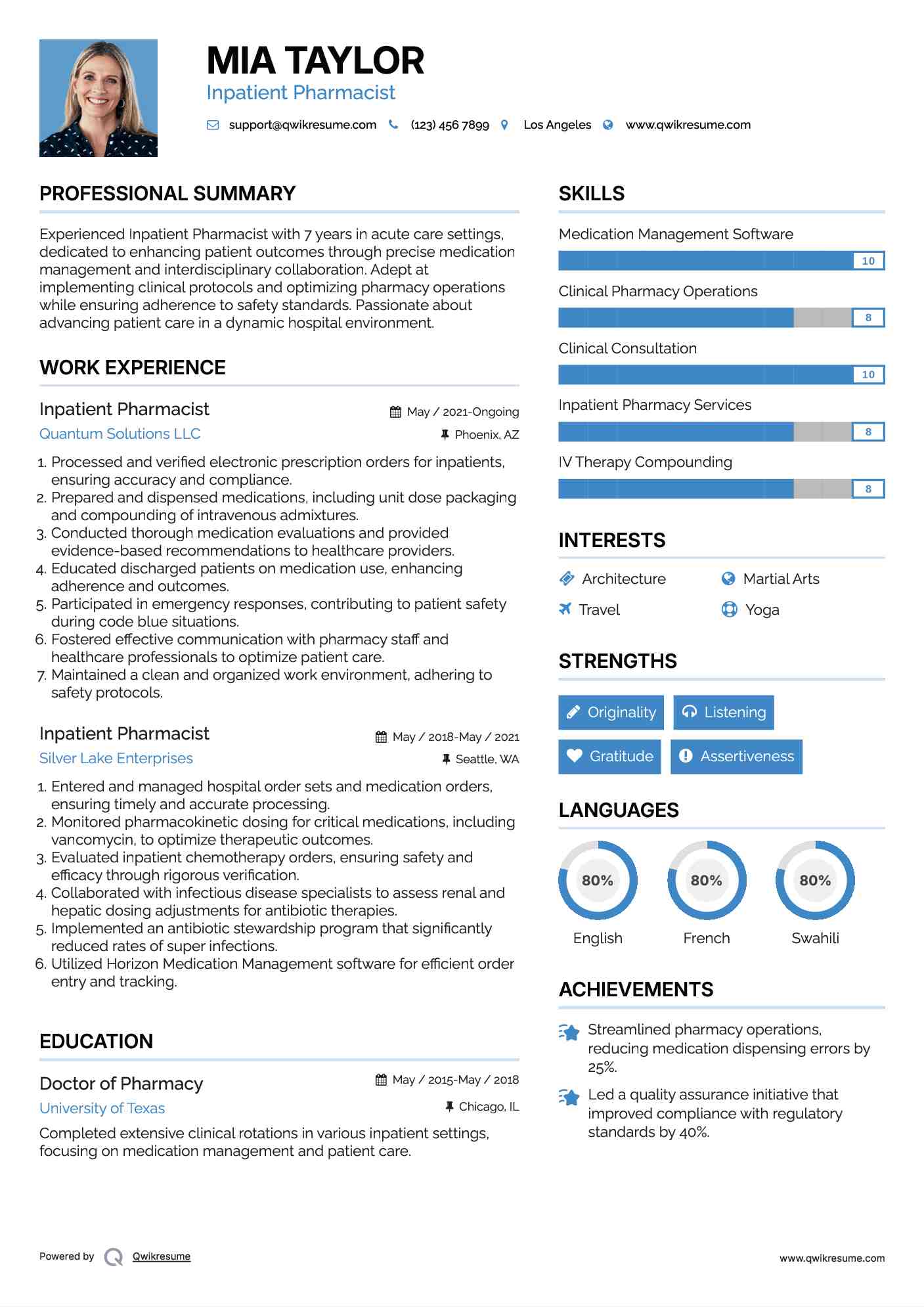 Inpatient Pharmacist Resume Example