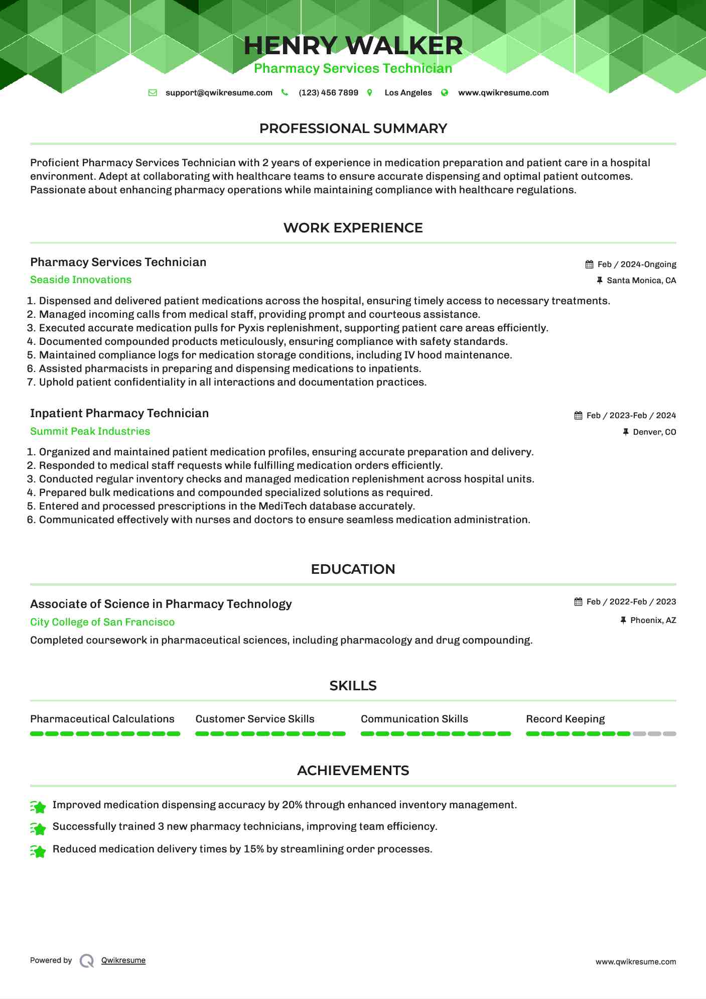 Pharmacy Services Technician Resume Sample