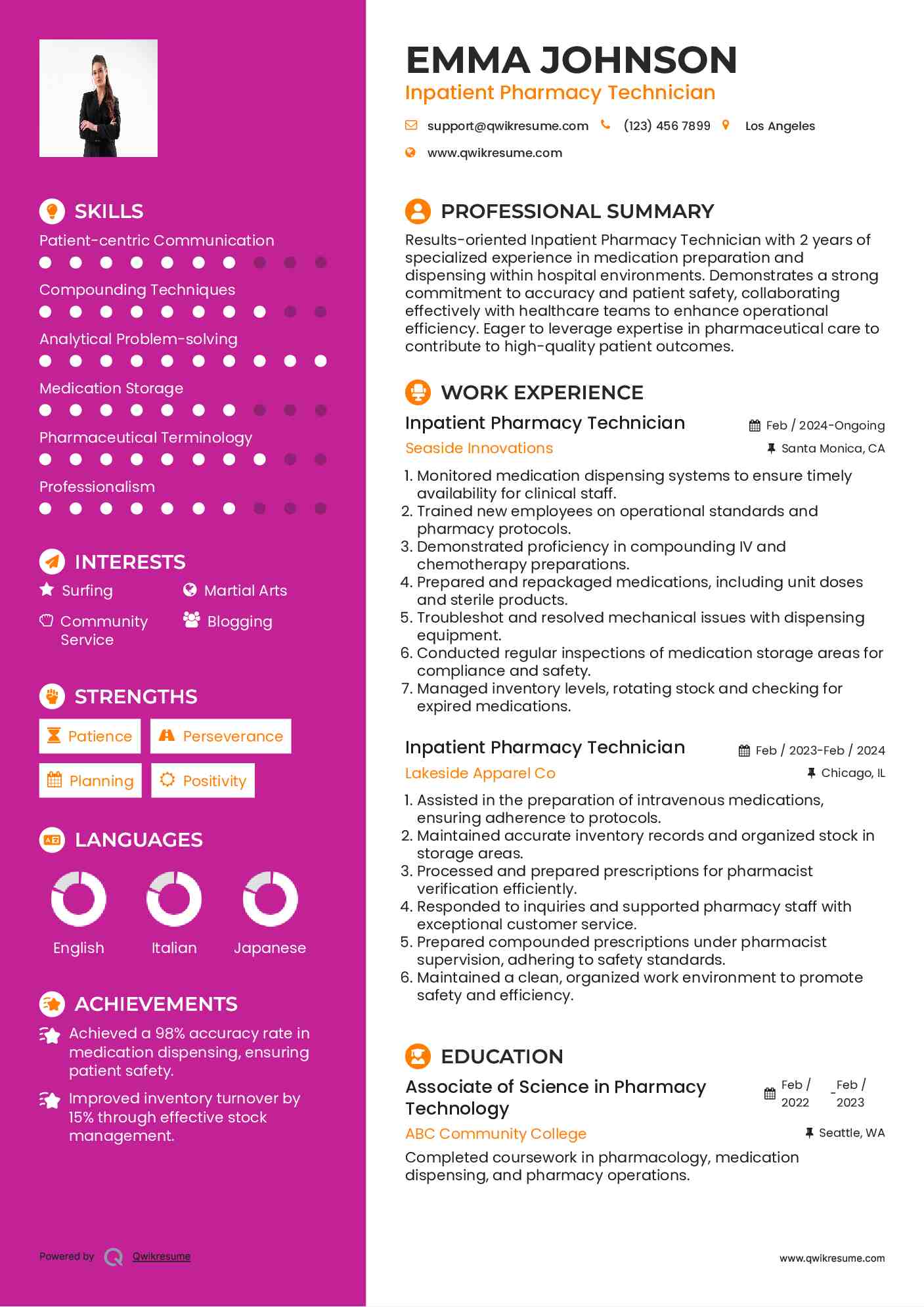 Inpatient Pharmacy Technician Resume Example
