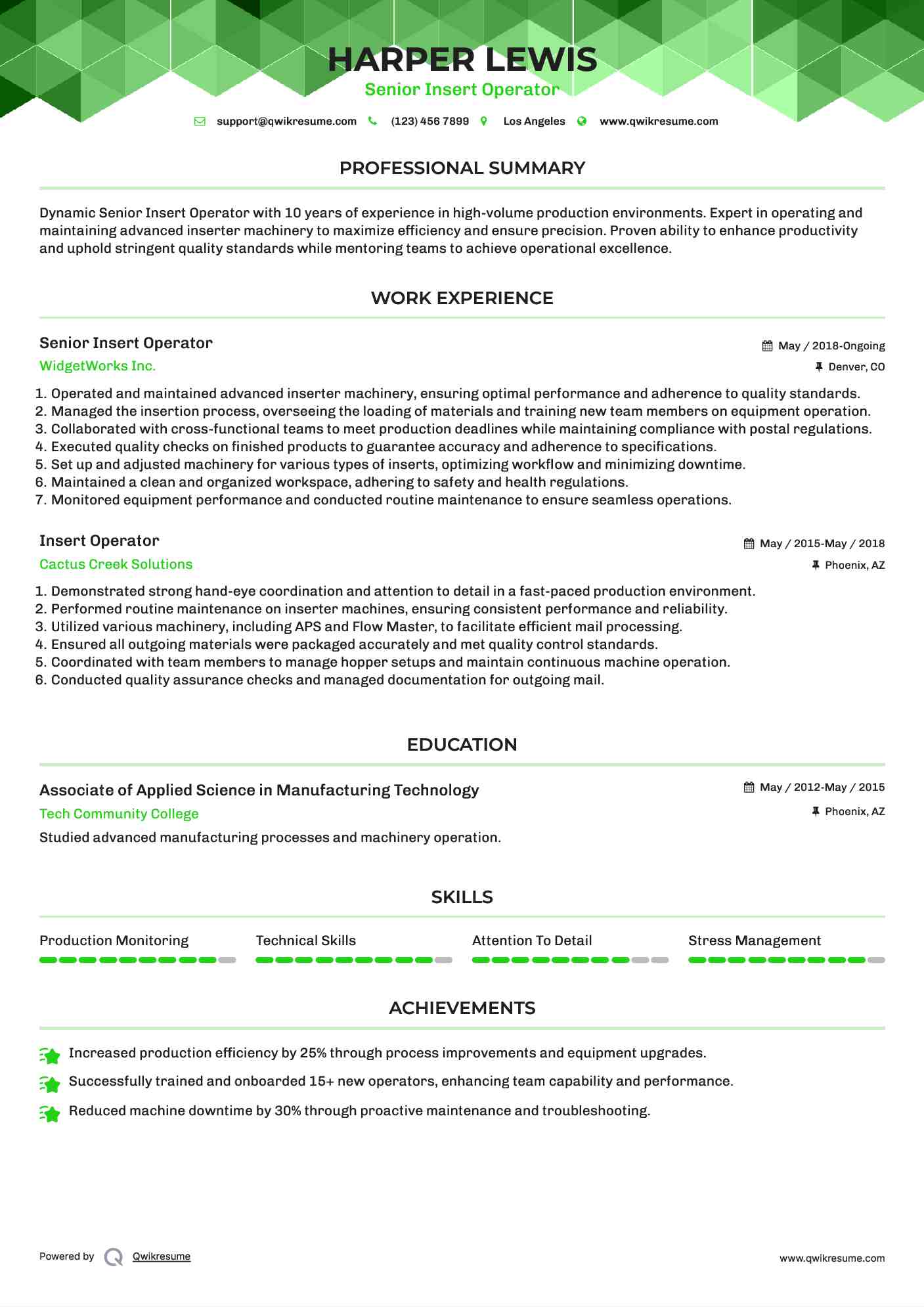 Senior Insert Operator Resume Sample