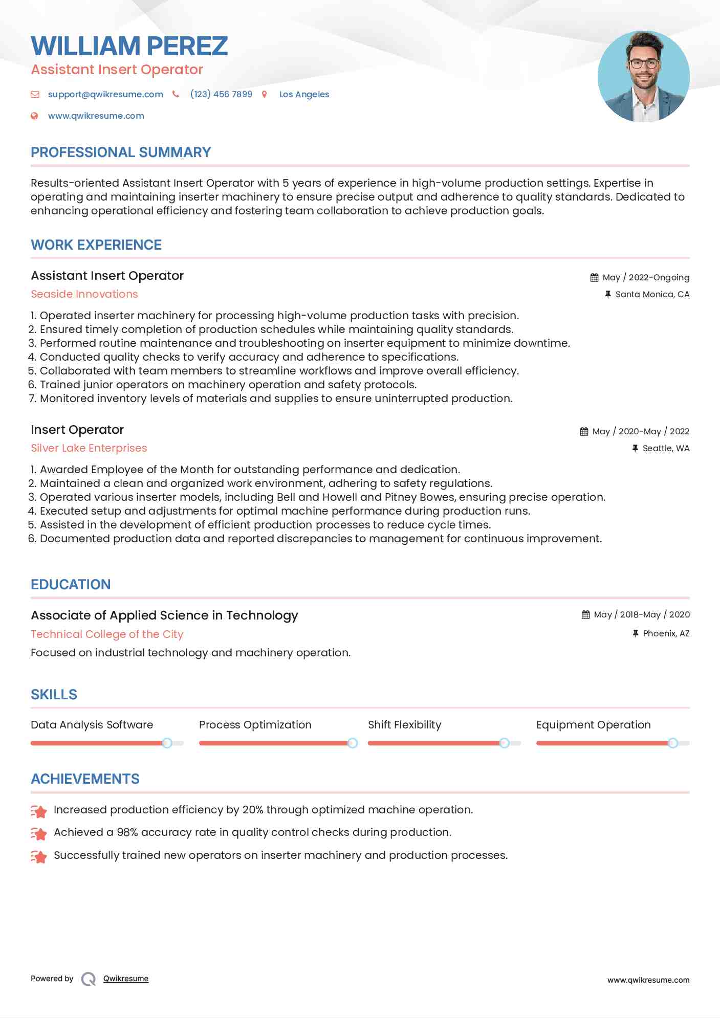 Assistant Insert Operator Resume Sample