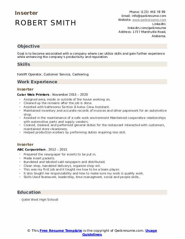 Inserter Resume Samples Qwikresume
