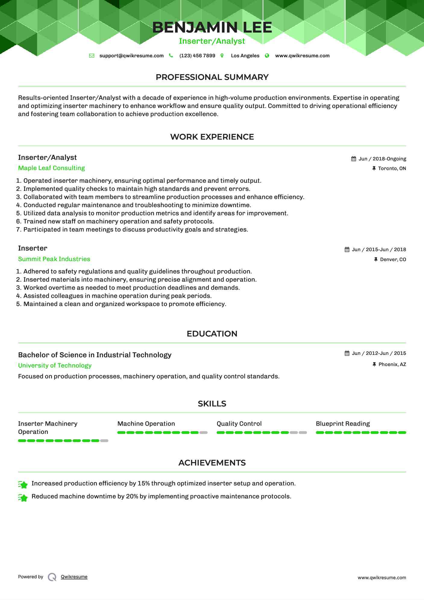 Inserter/Analyst Resume Model