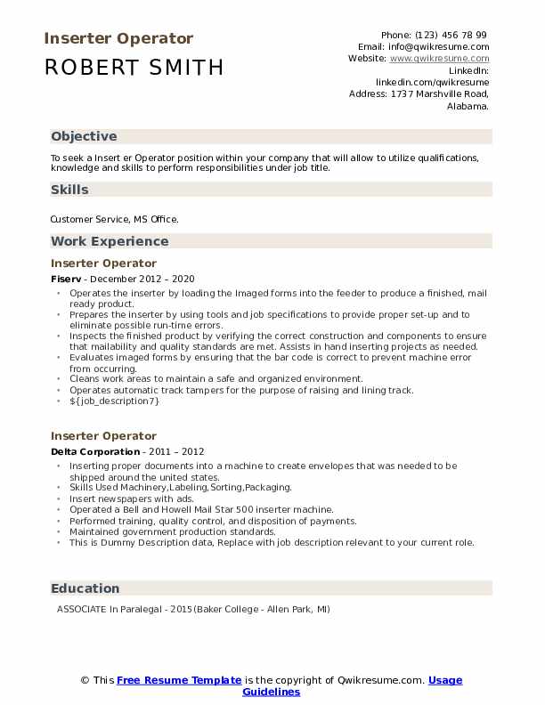 Inserter Operator Resume Samples QwikResume