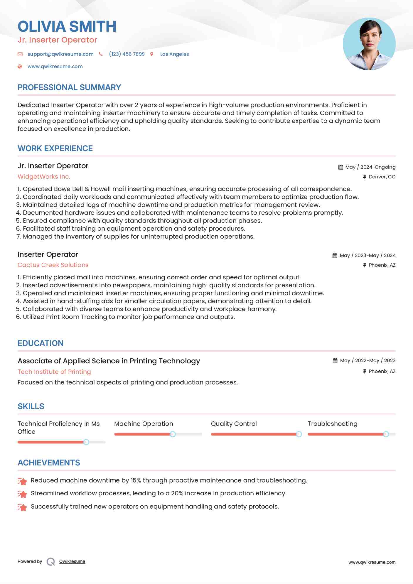 Jr. Inserter Operator Resume Model