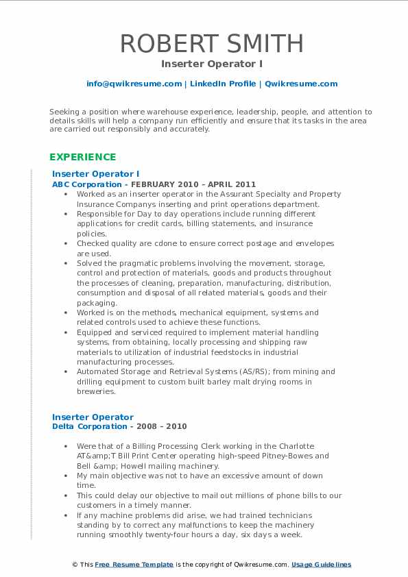 Inserter Operator Resume Samples QwikResume