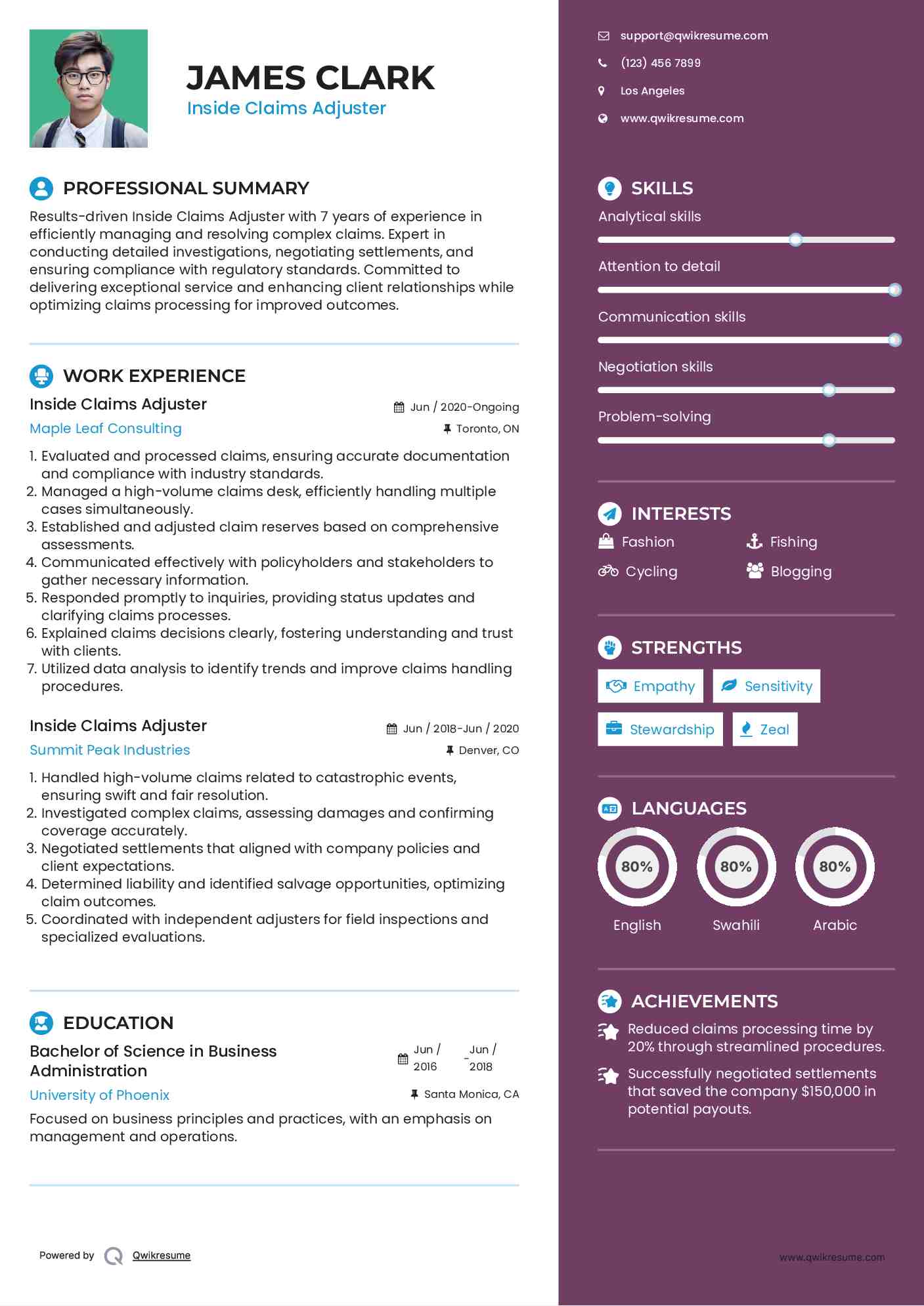 Inside Claims Adjuster Resume Sample