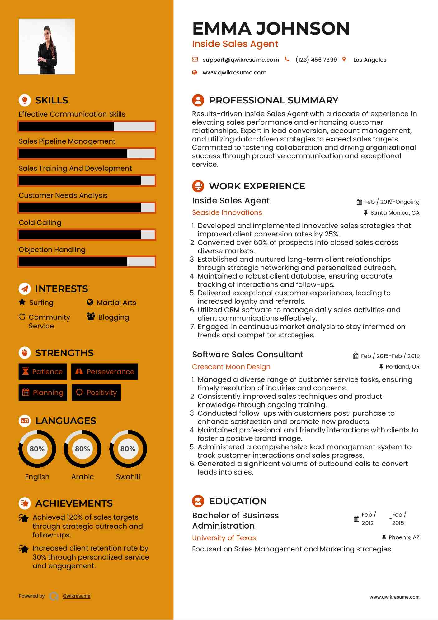 Inside Sales Agent Resume Example