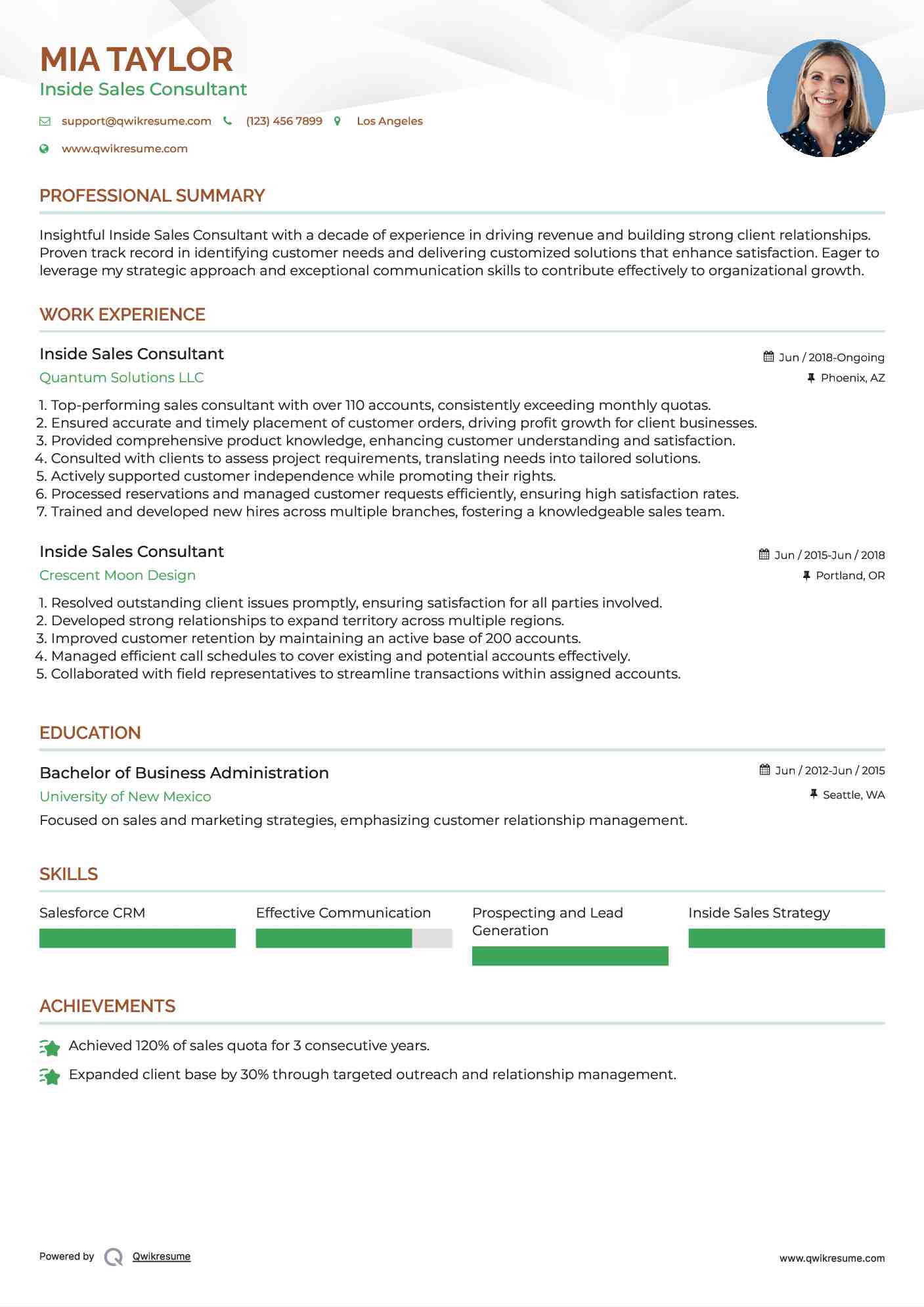 Inside Sales Consultant Resume Example
