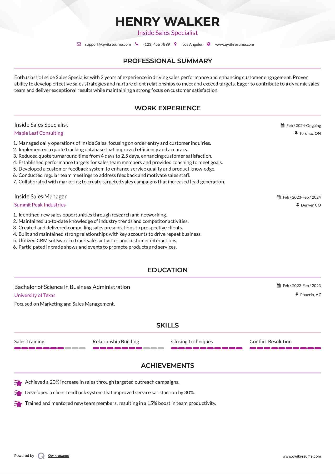 Inside Sales Specialist Resume Template