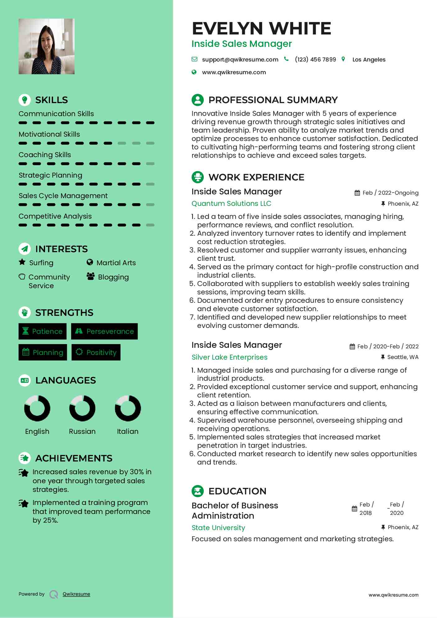 Inside Sales Manager Resume Example