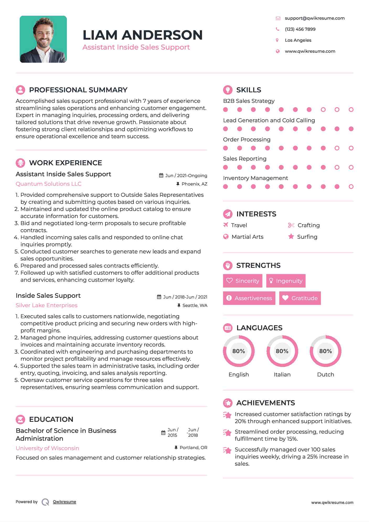 Assistant Inside Sales Support Resume Model