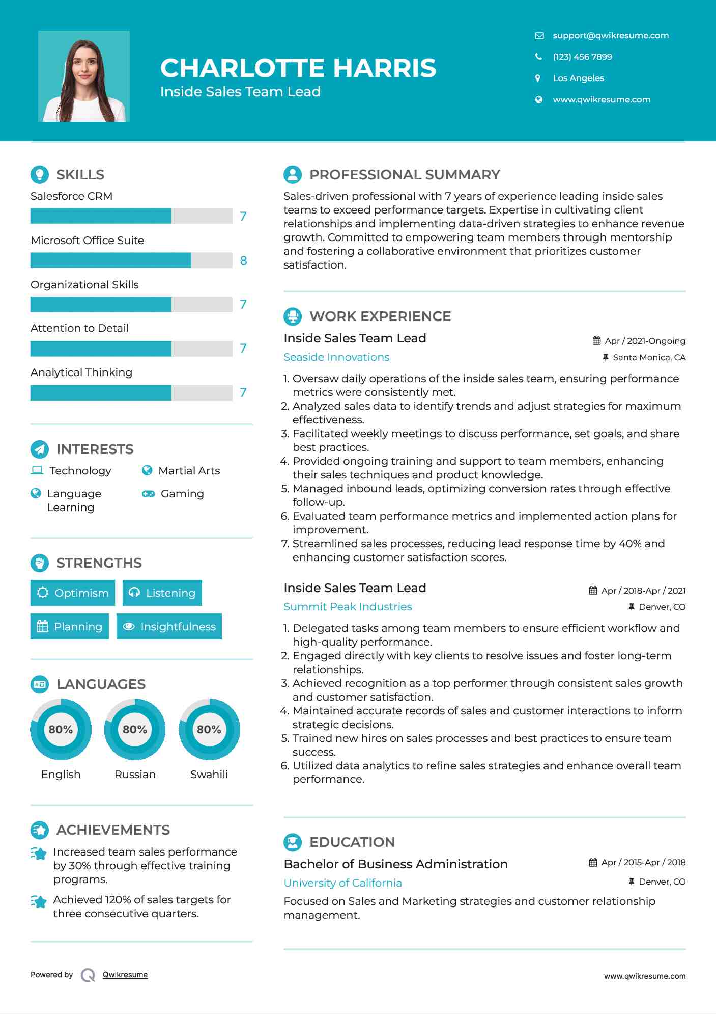 Inside Sales Team Lead Resume Format