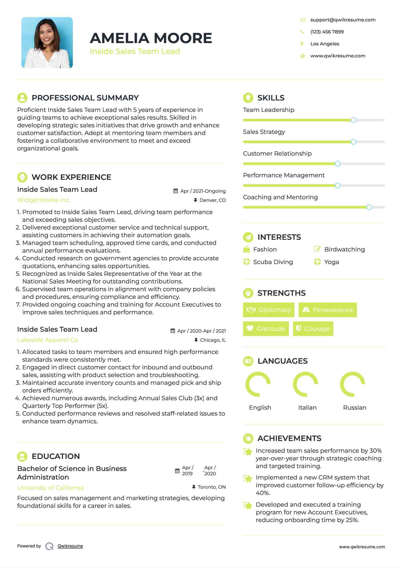 Inside Sales Team Lead Resume Template