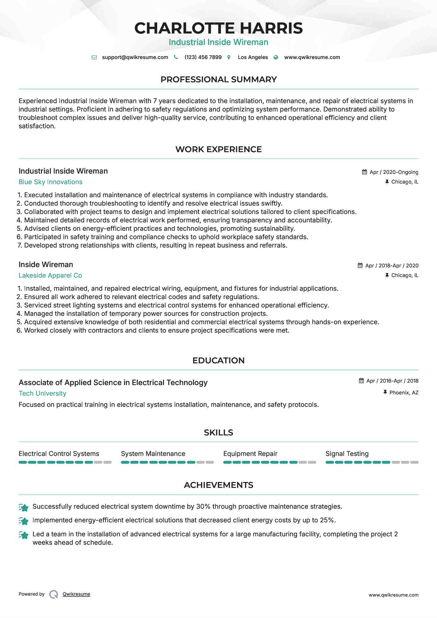 Industrial Inside Wireman Resume Model
