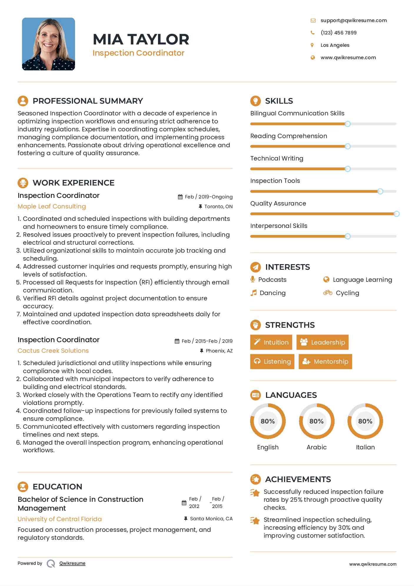 Inspection Coordinator Resume Example