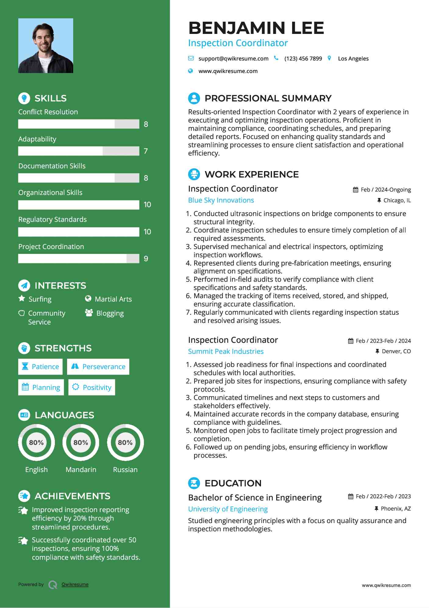 Inspection Coordinator Resume Sample