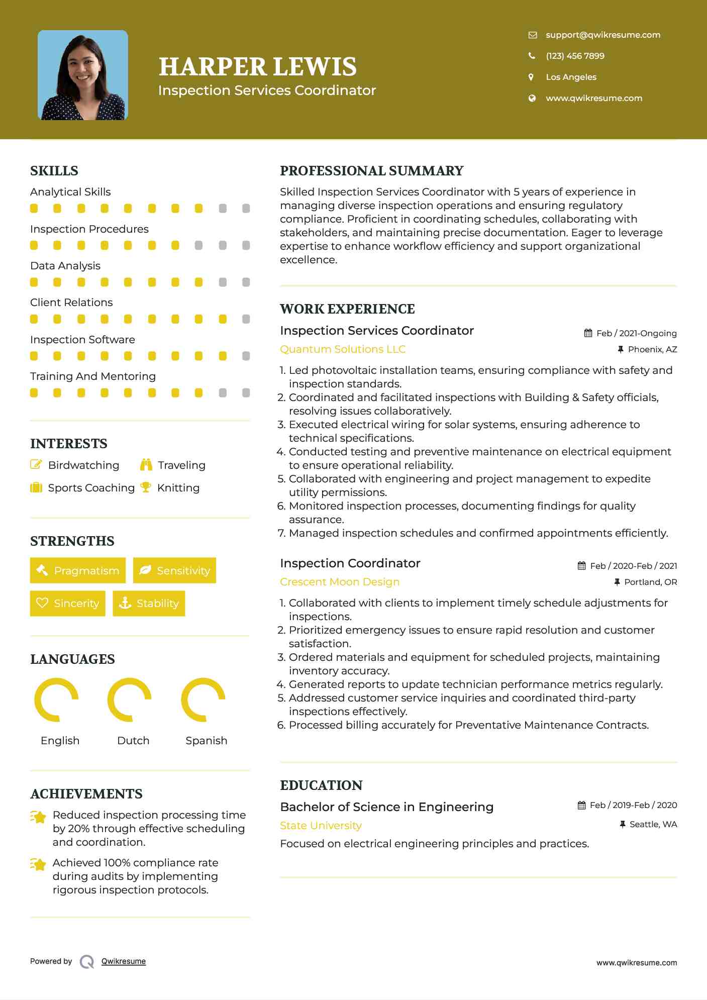 Inspection Services Coordinator Resume Sample