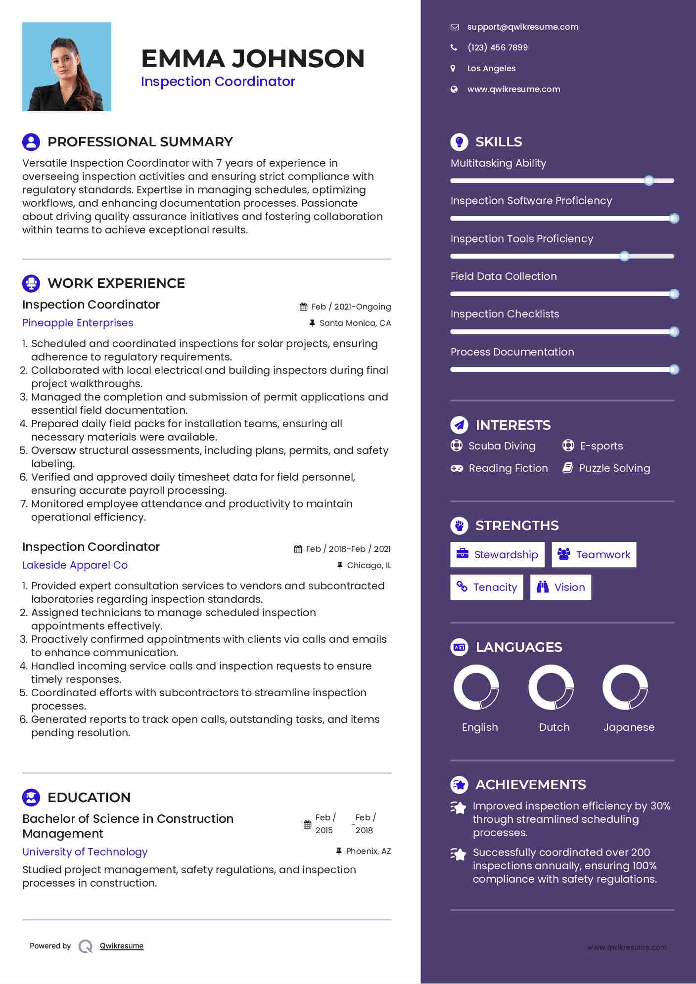 Inspection Coordinator Resume Model