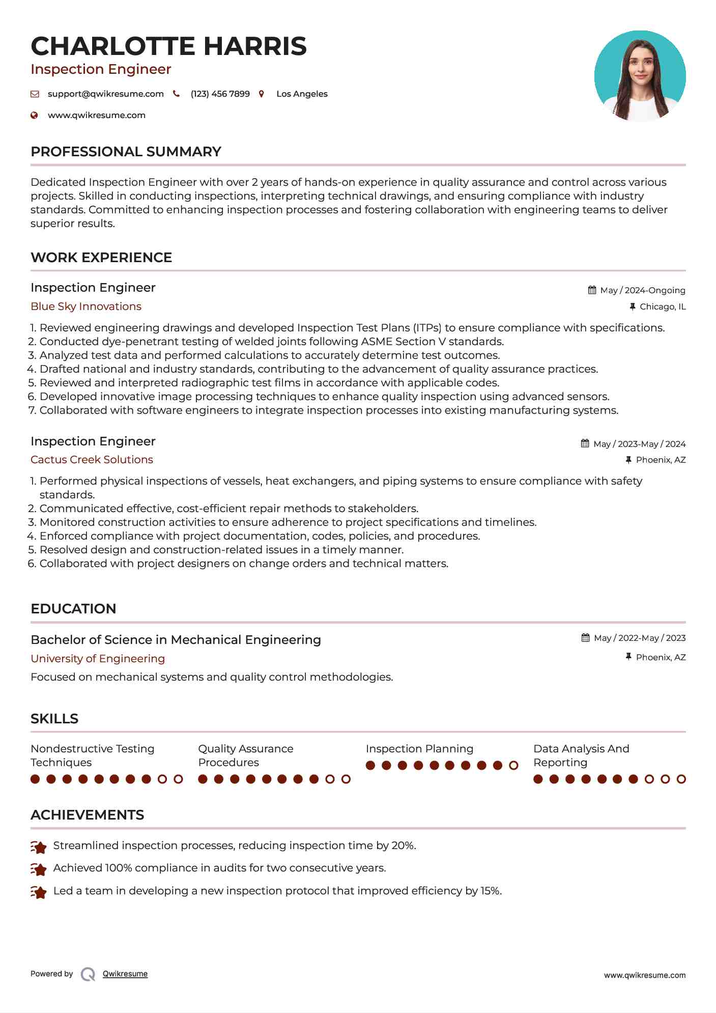 Inspection Engineer Resume Format
