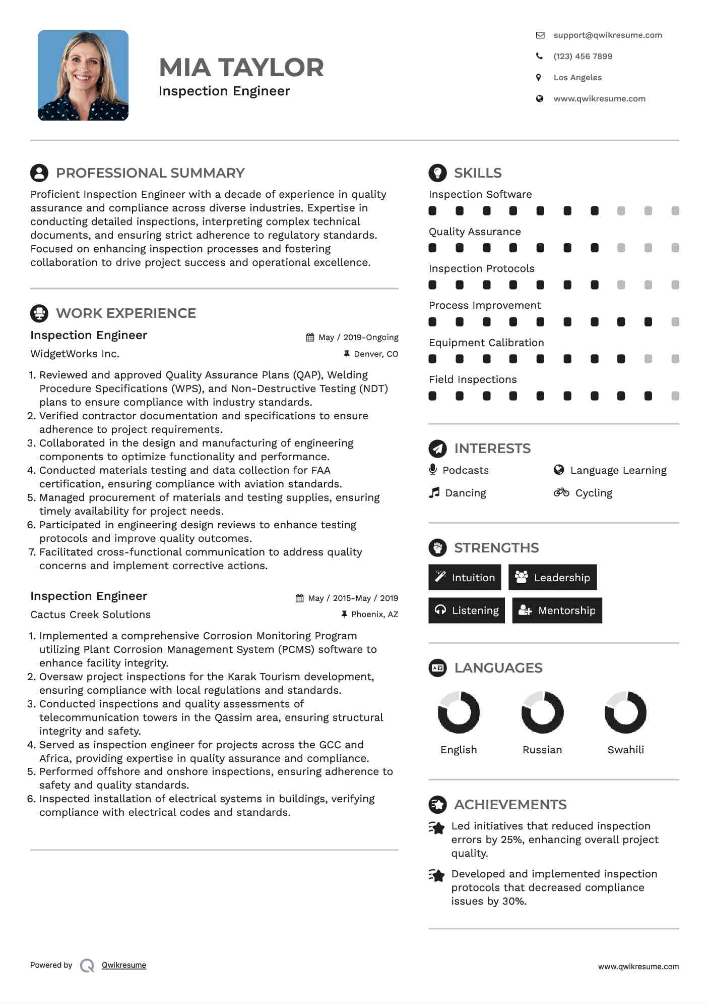 Inspection Engineer Resume Example