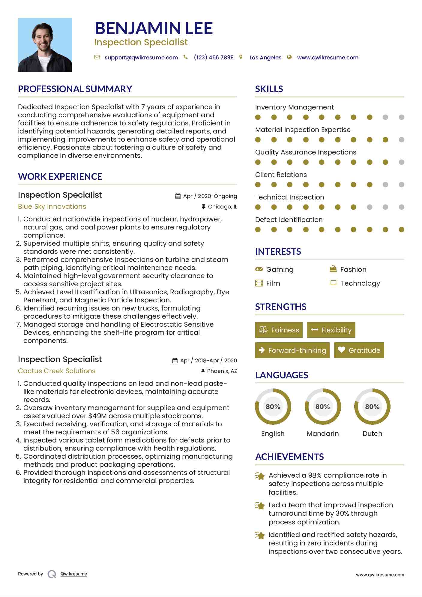 Inspection Specialist Resume Example