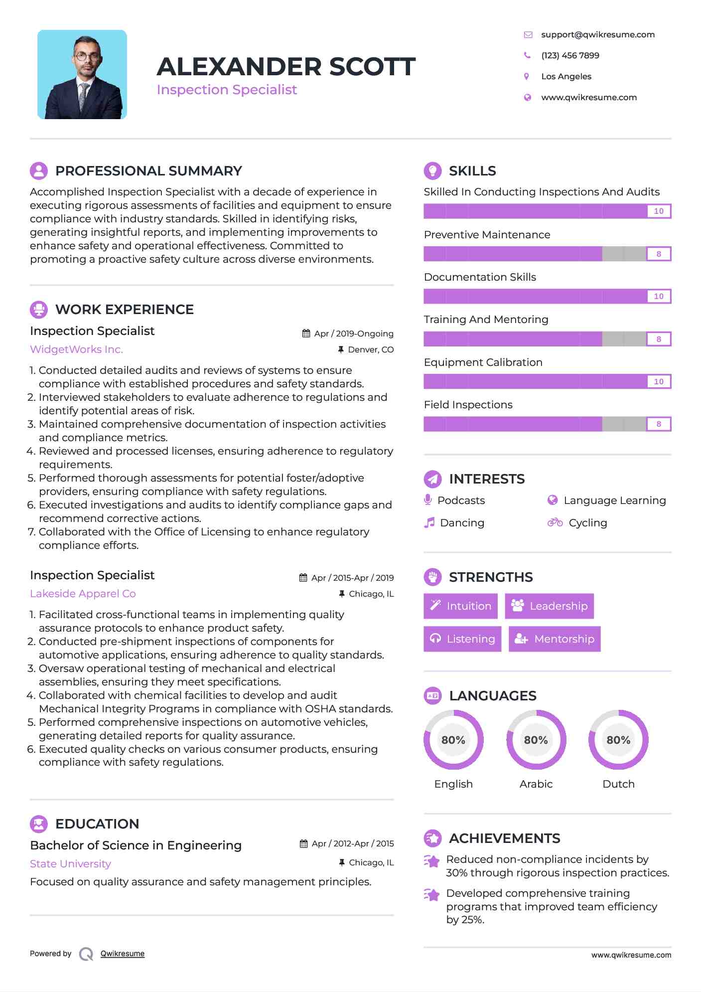 Inspection Specialist Resume Template