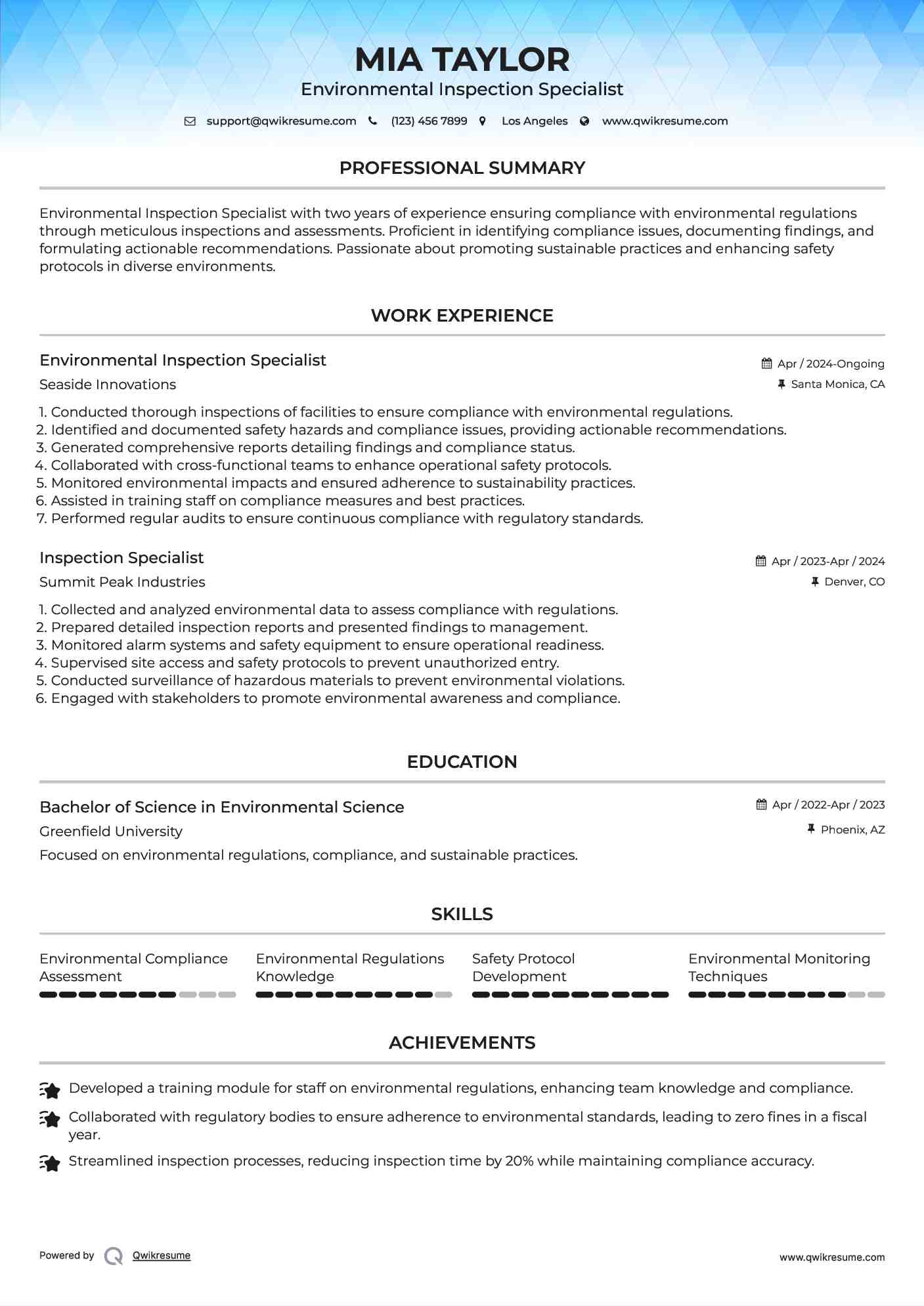 Environmental Inspection Specialist Resume Sample